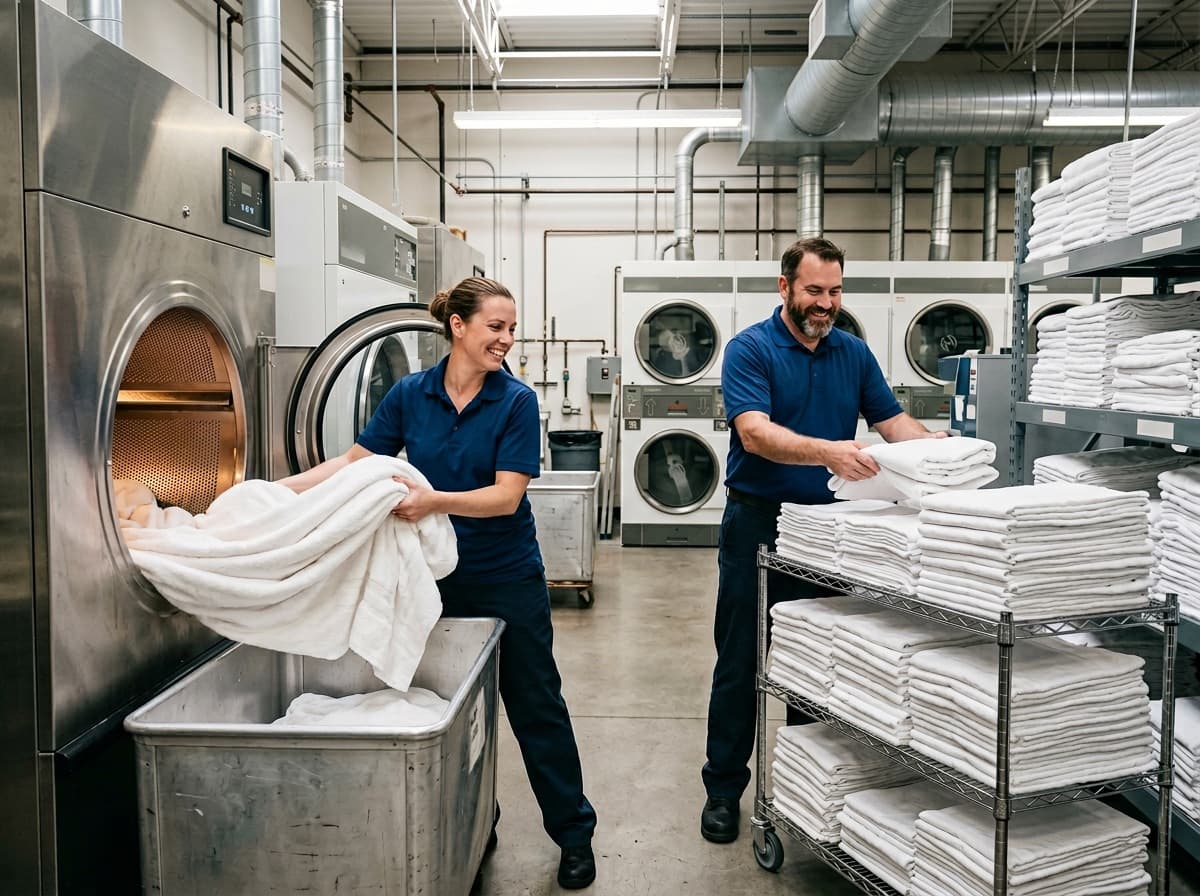 Two workers smiling while handling linens at a commercial laundry facility