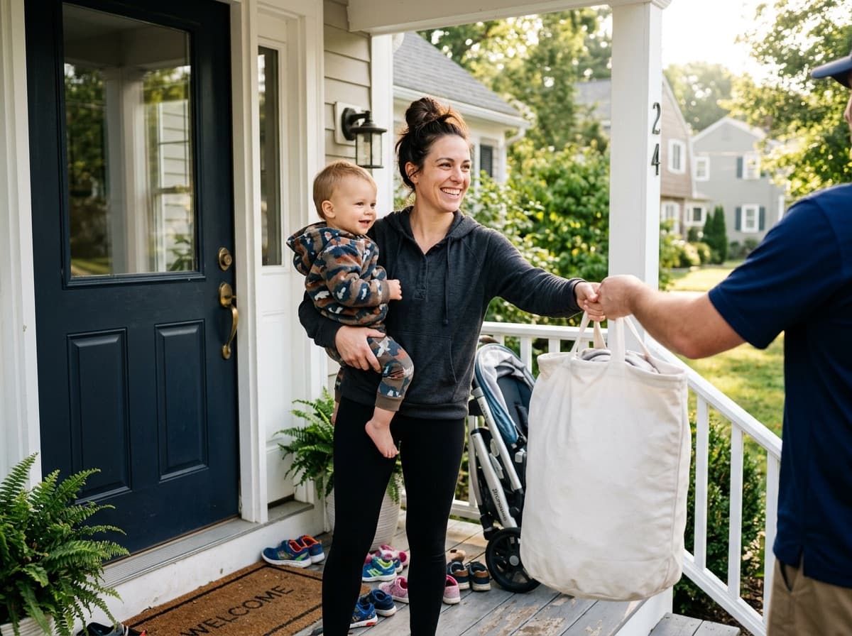Happy customer receiving clean laundry delivery at her front door from Nifty Laundromat