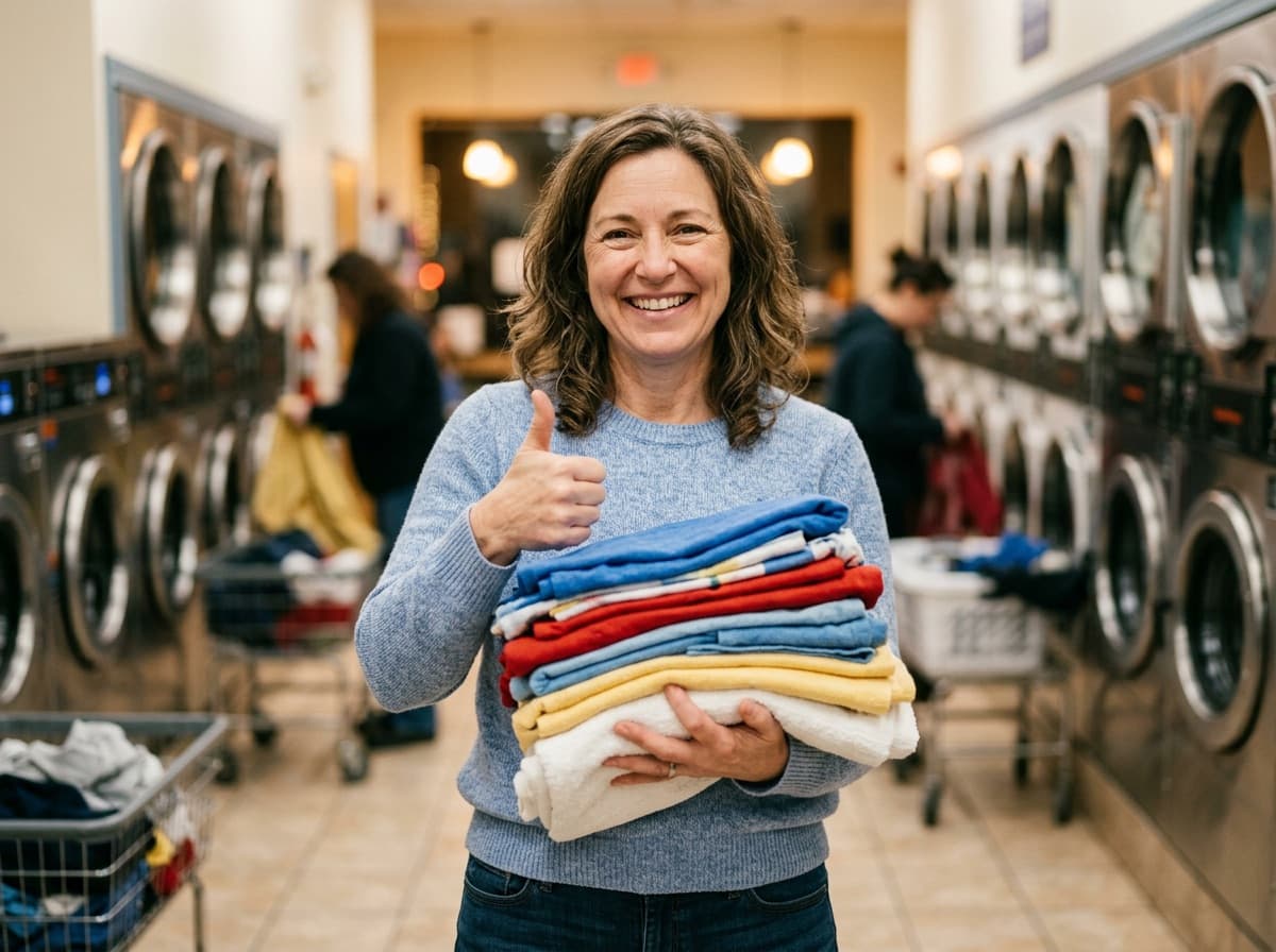 Happy customer giving thumbs up while holding stack of clean folded laundry at Nifty Laundromat