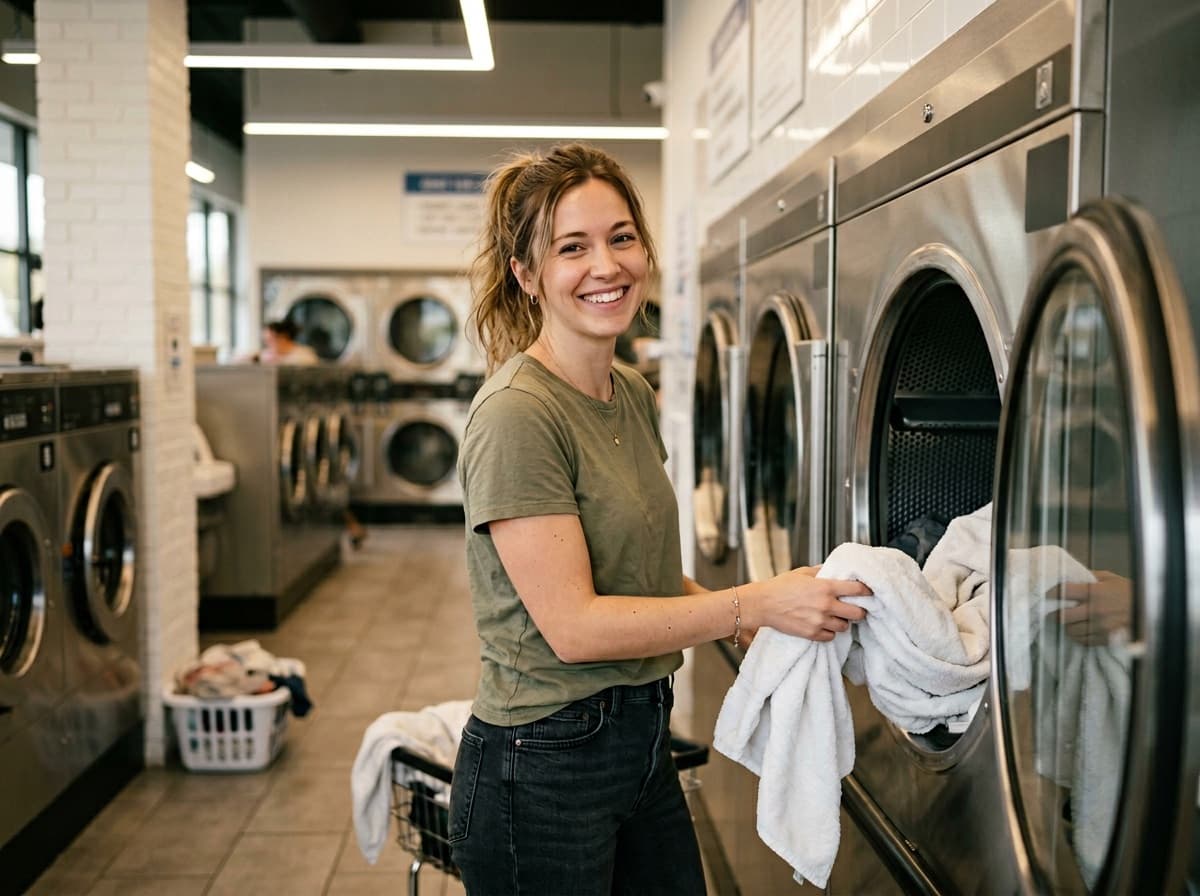 Smiling woman loading a front-loading washer at Nifty Laundromat self-service East Windsor CT