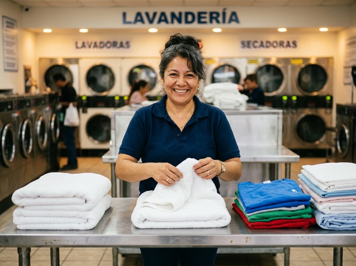 Smiling woman folding clean laundry at Nifty Laundromat wash and fold service East Windsor CT